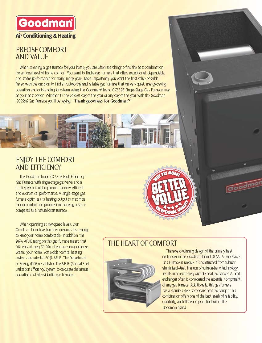 Goodman 96% Single Stage 120K BTU Gas Furnace, GCSS961205DN DOWN-FLOW